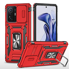 Funda Bumper Silicona y Plastico Mate Carcasa con Magnetico Anillo de dedo Soporte MQ4 para Xiaomi Mi 11T Pro 5G Rojo