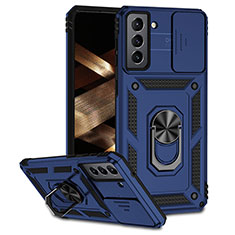 Funda Bumper Silicona y Plastico Mate Carcasa con Magnetico Anillo de dedo Soporte MQ6 para Samsung Galaxy S21 FE 5G Azul