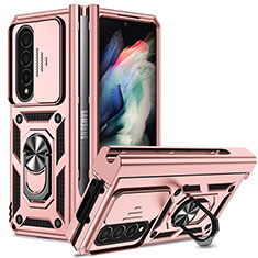 Funda Bumper Silicona y Plastico Mate Carcasa con Magnetico Anillo de dedo Soporte MQ6 para Samsung Galaxy Z Fold3 5G Oro Rosa