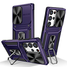 Funda Bumper Silicona y Plastico Mate Carcasa con Magnetico Anillo de dedo Soporte MQ7 para Samsung Galaxy S22 Ultra 5G Morado