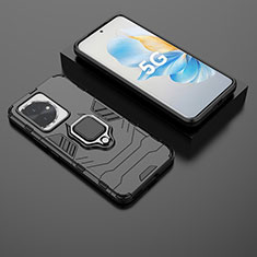 Funda Bumper Silicona y Plastico Mate Carcasa con Magnetico Anillo de dedo Soporte para Huawei Honor 100 5G Negro