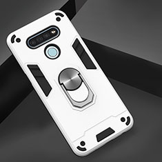 Funda Bumper Silicona y Plastico Mate Carcasa con Magnetico Anillo de dedo Soporte para LG K51 Blanco