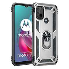 Funda Bumper Silicona y Plastico Mate Carcasa con Magnetico Anillo de dedo Soporte para Motorola Moto G10 Plata