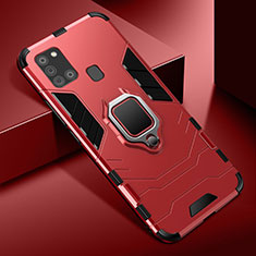 Funda Bumper Silicona y Plastico Mate Carcasa con Magnetico Anillo de dedo Soporte para Samsung Galaxy A21s Rojo