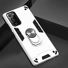 Funda Bumper Silicona y Plastico Mate Carcasa con Magnetico Anillo de dedo Soporte para Samsung Galaxy Note 20 Ultra 5G Blanco