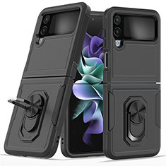 Funda Bumper Silicona y Plastico Mate Carcasa con Magnetico Anillo de dedo Soporte para Samsung Galaxy Z Flip4 5G Negro