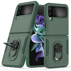 Funda Bumper Silicona y Plastico Mate Carcasa con Magnetico Anillo de dedo Soporte para Samsung Galaxy Z Flip4 5G Verde Noche
