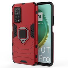 Funda Bumper Silicona y Plastico Mate Carcasa con Magnetico Anillo de dedo Soporte para Xiaomi Mi 10T 5G Rojo