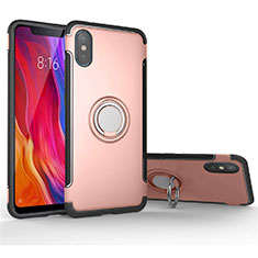 Funda Bumper Silicona y Plastico Mate Carcasa con Magnetico Anillo de dedo Soporte para Xiaomi Mi 8 Pro Global Version Oro Rosa