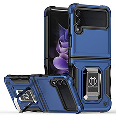 Funda Bumper Silicona y Plastico Mate Carcasa con Magnetico Anillo de dedo Soporte QW1 para Samsung Galaxy Z Flip4 5G Azul