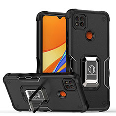Funda Bumper Silicona y Plastico Mate Carcasa con Magnetico Anillo de dedo Soporte QW1 para Xiaomi Redmi 9 India Negro