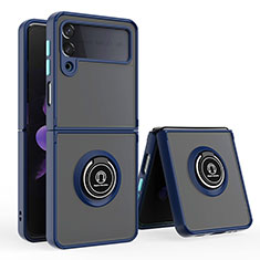 Funda Bumper Silicona y Plastico Mate Carcasa con Magnetico Anillo de dedo Soporte QW2 para Samsung Galaxy Z Flip3 5G Azul