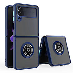 Funda Bumper Silicona y Plastico Mate Carcasa con Magnetico Anillo de dedo Soporte QW2 para Samsung Galaxy Z Flip4 5G Azul
