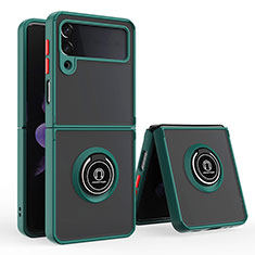 Funda Bumper Silicona y Plastico Mate Carcasa con Magnetico Anillo de dedo Soporte QW2 para Samsung Galaxy Z Flip4 5G Verde Noche