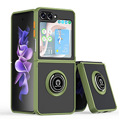 Funda Bumper Silicona y Plastico Mate Carcasa con Magnetico Anillo de dedo Soporte QW2 para Samsung Galaxy Z Flip5 5G Ejercito Verde