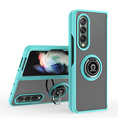 Funda Bumper Silicona y Plastico Mate Carcasa con Magnetico Anillo de dedo Soporte QW2 para Samsung Galaxy Z Fold3 5G Cian