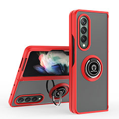 Funda Bumper Silicona y Plastico Mate Carcasa con Magnetico Anillo de dedo Soporte QW2 para Samsung Galaxy Z Fold3 5G Rojo