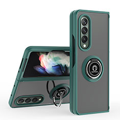 Funda Bumper Silicona y Plastico Mate Carcasa con Magnetico Anillo de dedo Soporte QW2 para Samsung Galaxy Z Fold4 5G Verde Noche