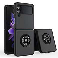 Funda Bumper Silicona y Plastico Mate Carcasa con Magnetico Anillo de dedo Soporte QW3 para Samsung Galaxy Z Flip4 5G Negro
