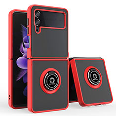 Funda Bumper Silicona y Plastico Mate Carcasa con Magnetico Anillo de dedo Soporte QW3 para Samsung Galaxy Z Flip4 5G Rojo