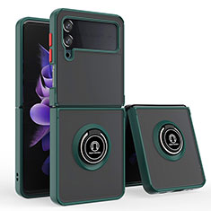 Funda Bumper Silicona y Plastico Mate Carcasa con Magnetico Anillo de dedo Soporte QW3 para Samsung Galaxy Z Flip4 5G Verde Noche