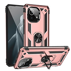 Funda Bumper Silicona y Plastico Mate Carcasa con Magnetico Anillo de dedo Soporte R02 para Xiaomi Mi 11 5G Oro Rosa