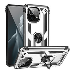 Funda Bumper Silicona y Plastico Mate Carcasa con Magnetico Anillo de dedo Soporte R02 para Xiaomi Mi 11 5G Plata