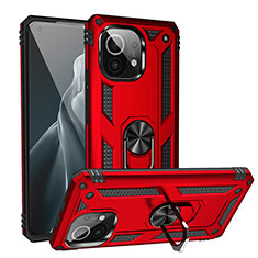Funda Bumper Silicona y Plastico Mate Carcasa con Magnetico Anillo de dedo Soporte R02 para Xiaomi Mi 11 Lite 5G Rojo