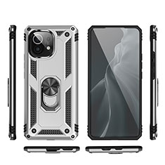 Funda Bumper Silicona y Plastico Mate Carcasa con Magnetico Anillo de dedo Soporte R03 para Xiaomi Mi 11 5G Plata