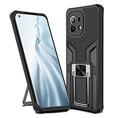 Funda Bumper Silicona y Plastico Mate Carcasa con Magnetico Anillo de dedo Soporte R04 para Xiaomi Mi 11 5G Negro