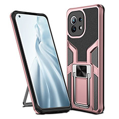 Funda Bumper Silicona y Plastico Mate Carcasa con Magnetico Anillo de dedo Soporte R04 para Xiaomi Mi 11 Lite 4G Oro Rosa