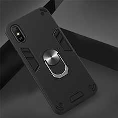 Funda Bumper Silicona y Plastico Mate Carcasa con Magnetico Anillo de dedo Soporte R04 para Xiaomi Redmi 9i Negro