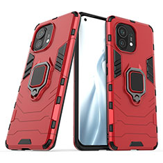 Funda Bumper Silicona y Plastico Mate Carcasa con Magnetico Anillo de dedo Soporte R05 para Xiaomi Mi 11 5G Rojo