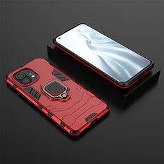 Funda Bumper Silicona y Plastico Mate Carcasa con Magnetico Anillo de dedo Soporte R07 para Xiaomi Mi 11 Lite 4G Rojo