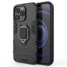 Funda Bumper Silicona y Plastico Mate Carcasa con Magnetico Anillo de dedo Soporte S01 para Apple iPhone 13 Pro Negro