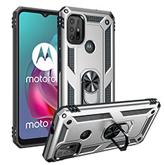 Funda Bumper Silicona y Plastico Mate Carcasa con Magnetico Anillo de dedo Soporte S01 para Motorola Moto G10 Plata