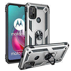 Funda Bumper Silicona y Plastico Mate Carcasa con Magnetico Anillo de dedo Soporte S01 para Motorola Moto G10 Power Plata