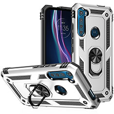 Funda Bumper Silicona y Plastico Mate Carcasa con Magnetico Anillo de dedo Soporte S01 para Motorola Moto One Fusion Plus Plata