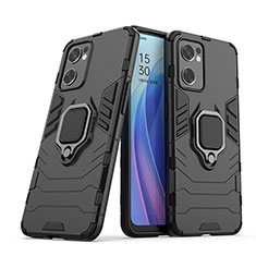 Funda Bumper Silicona y Plastico Mate Carcasa con Magnetico Anillo de dedo Soporte S01 para Oppo Reno7 SE 5G Negro