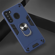 Funda Bumper Silicona y Plastico Mate Carcasa con Magnetico Anillo de dedo Soporte S01 para Samsung Galaxy A21 Azul Real