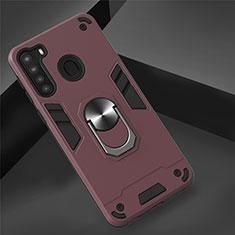 Funda Bumper Silicona y Plastico Mate Carcasa con Magnetico Anillo de dedo Soporte S01 para Samsung Galaxy A21 Rojo Rosa