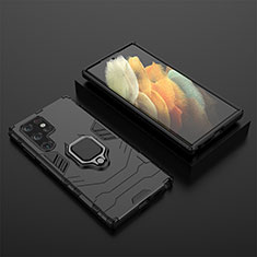 Funda Bumper Silicona y Plastico Mate Carcasa con Magnetico Anillo de dedo Soporte S01 para Samsung Galaxy S21 Ultra 5G Negro