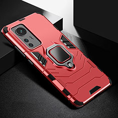 Funda Bumper Silicona y Plastico Mate Carcasa con Magnetico Anillo de dedo Soporte S01 para Xiaomi Mi 12 Pro 5G Rojo