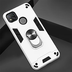Funda Bumper Silicona y Plastico Mate Carcasa con Magnetico Anillo de dedo Soporte S01 para Xiaomi Redmi 9 India Blanco