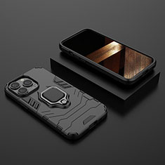 Funda Bumper Silicona y Plastico Mate Carcasa con Magnetico Anillo de dedo Soporte S02 para Apple iPhone 14 Pro Max Negro