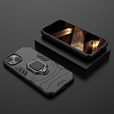 Funda Bumper Silicona y Plastico Mate Carcasa con Magnetico Anillo de dedo Soporte S02 para Apple iPhone 15 Negro