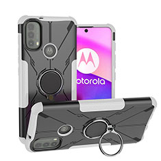 Funda Bumper Silicona y Plastico Mate Carcasa con Magnetico Anillo de dedo Soporte S02 para Motorola Moto E20 Blanco