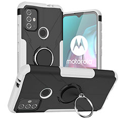 Funda Bumper Silicona y Plastico Mate Carcasa con Magnetico Anillo de dedo Soporte S02 para Motorola Moto G10 Blanco