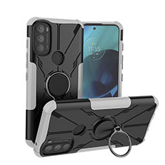 Funda Bumper Silicona y Plastico Mate Carcasa con Magnetico Anillo de dedo Soporte S02 para Motorola Moto G71 5G Blanco