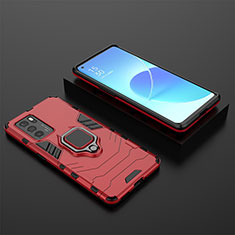 Funda Bumper Silicona y Plastico Mate Carcasa con Magnetico Anillo de dedo Soporte S02 para Oppo Reno6 Pro 5G India Rojo